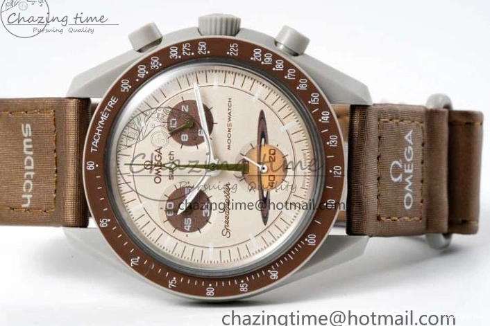 0418 Speedmaster Misson To Saturn 1:1 Best Edition Beige Dial On Nylon Strap Quartz Casual 7861